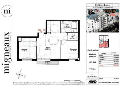 Appartement T3 neuf de 59.37m� Bld Pasteur
